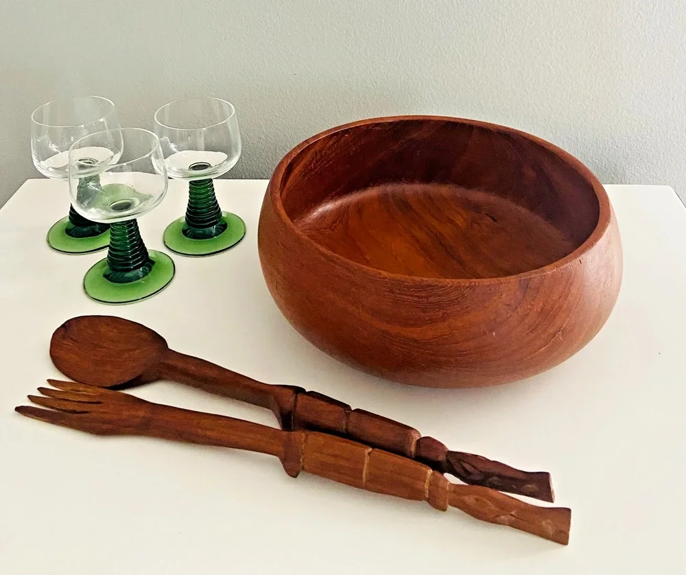 3-Piece Vintage MCM Hand-Turned Monkey Pod Salad Bowl and Serving Utensils